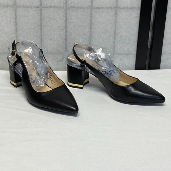 Liz Claiborne Pointed Closed Toe Chunky Low Heel Slingback Pumps LC Bay Black - Picture 3 of 13